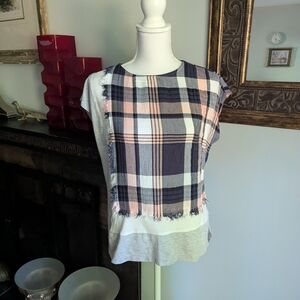 Postmark Anthropologie Wmns XS Hammon Plaid Knit Mixed Print Fringe Tee